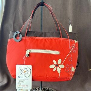 Sherpani Red and Brown Tote with Floral Accents